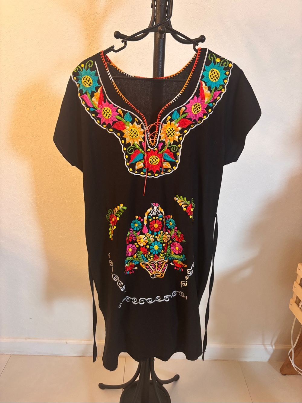 Hand Crafted Black Midi Dress with Bright Floral Embroidery